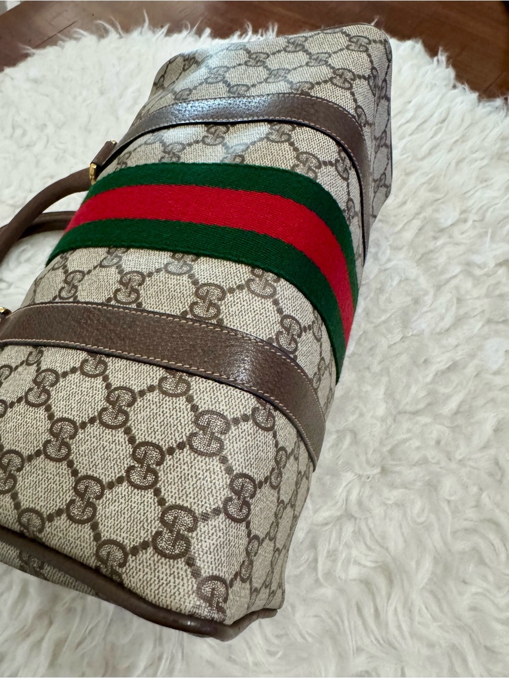 Gucci Beige GG Supreme 27 Satchel with Red & Green Web Stripe - Picture 11 of 11